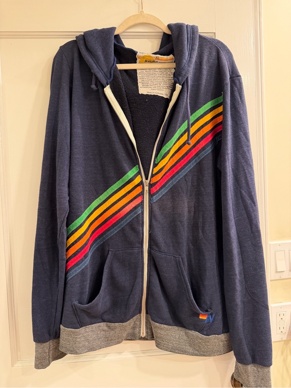 Aviator Nation Navy Zip Hoodie with Rainbow Stripe, Size XL